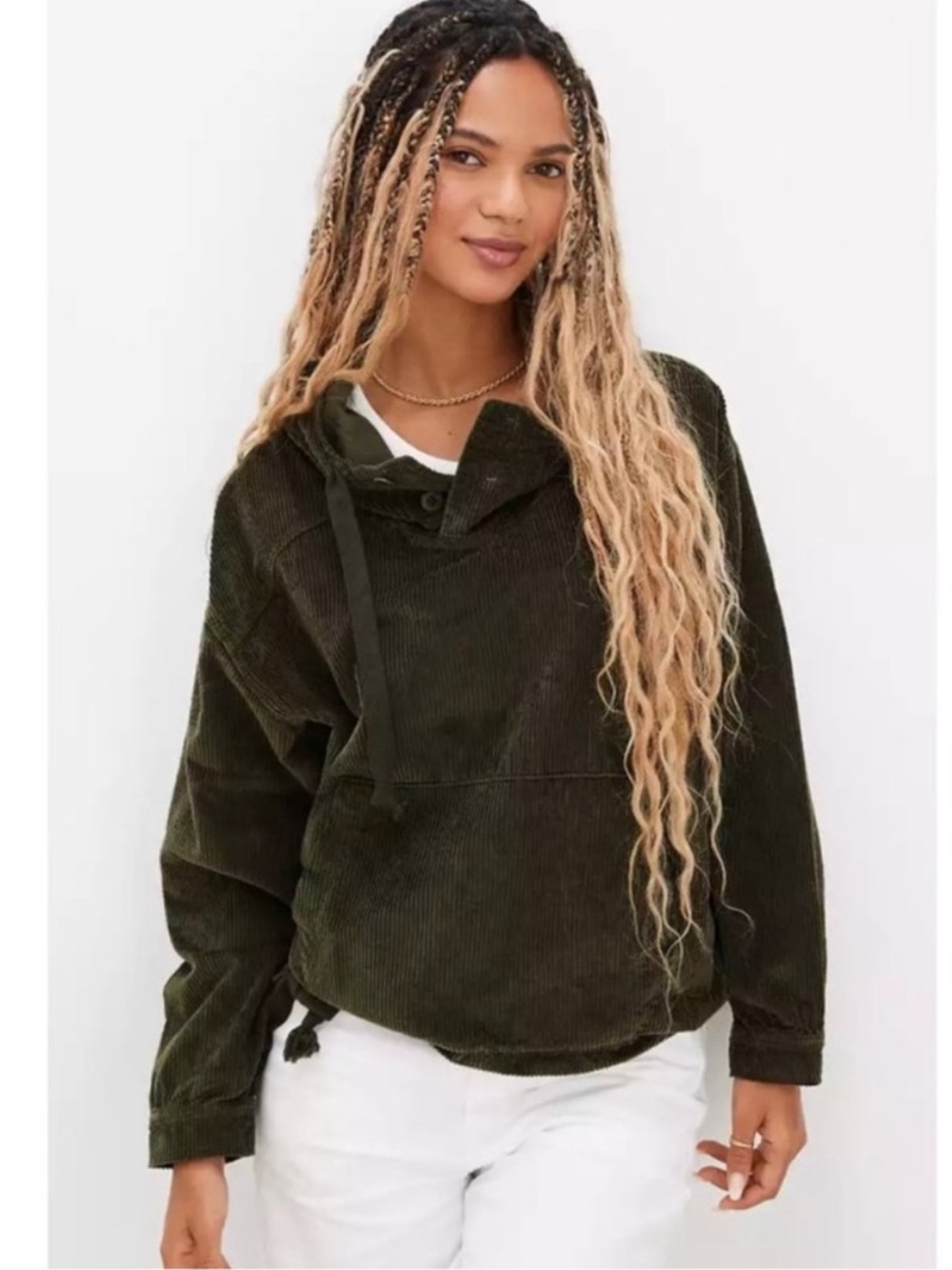 American Eagle Forest Green Wide Corduroy Popover Hoodie Front Kangaroo Pocket